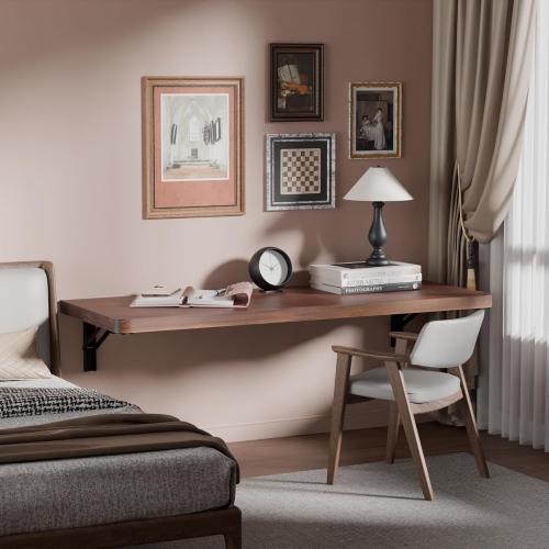 IAE Wall Mounted Folding Table with Pine Wood,36 x 14 Floating Wall Desk,Laundry Folding Table with Shelf Brackets,Fold Down Desk Shelf,Folding Workbench for Home,Dining,Laundry Room,Kitchen,Brown