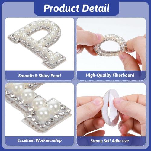 52 Pcs Iron on Letters Pearl Letter Patches with Pearl Rhinestone Self Adhesive A-Z Stick on Pearl Letter Patches for Clothes, Fabric, Backpack