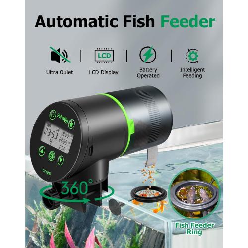 Automatic Fish Feeder for Aquarium, Auto Fish Food Dispenser with Timer and Feeding Ring, Moisture-Proof, Smart Fish Tank Vacation Feeder with 2 AAA Batteries