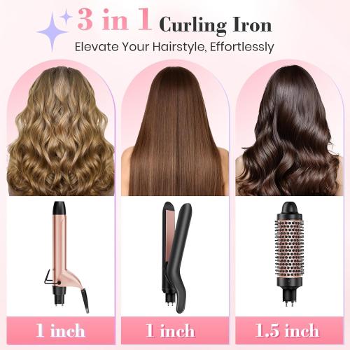 Ufree 3 in 1 Curling Iron, Curling Wand Set with Thermal Brush Flat Iron Hair Straightener, Dual Voltage Wand Curler, Instant Heat Up Hair Curler, Include Protective Glove 2 Clips, Gifts for Women