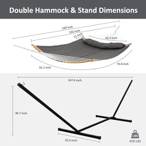 SUNCREAT Double Portable Hammock with Stand, 2 Person Hammock with Curved Spreader Bar, Balance Ropes Included, Dark Gray