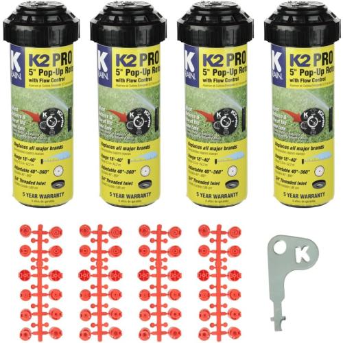 K Rain K2 Pro 3/4 Gear Drive Rotor 5 Pop-Up| 18' - 40' Spray Distance, 40° - 360° Arc Spray Pattern with Full-Circle Gear Driven Rotor | Includes Install Kit (4 Pack)