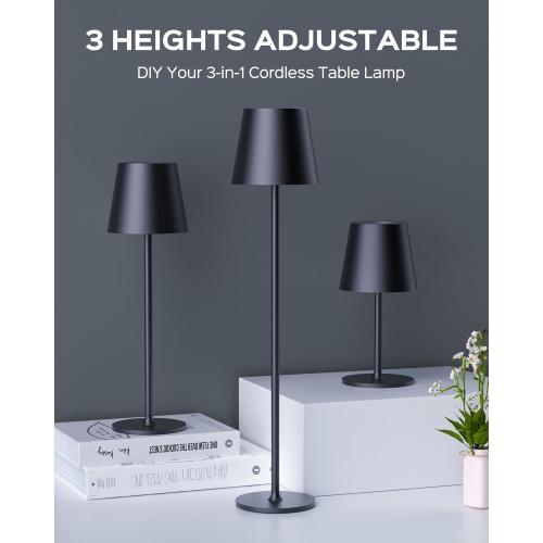 JACKYLED Cordless Table Lamps Rechargeable, 3 Adjustable Height, 5000mAh Battery Operated, 3 Colors Smooth Dimming, Portable LED Waterproof Table Lamp for Dining, Bedroom, Outdoor- Black