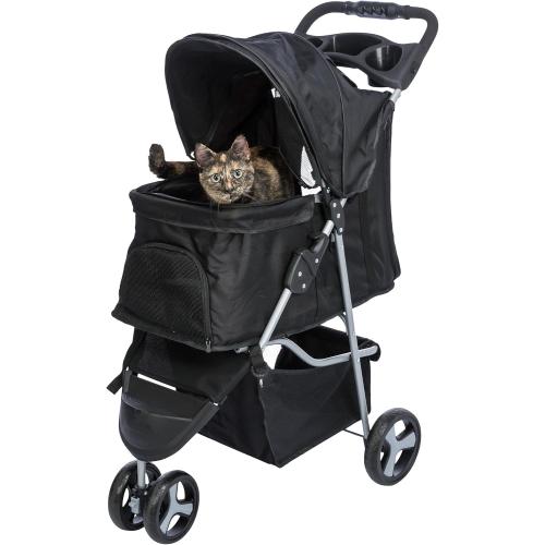 TRIXIE Foldable Pet Stroller for Cats and Dogs, Pet Carrier Strolling Cart with Weather Cover, Storage Basket, Cup Holder, Black