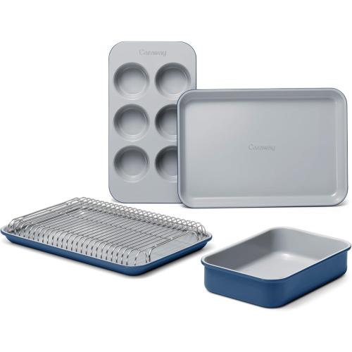 Caraway Mini Bakeware Set – Naturally Non-Stick, Non-Toxic Ceramic Coating – Compact Baking Pans Set for Small Kitchens & Ovens – Includes Baking Sheets, Muffin Pan, Cooling Rack & Storage - Navy