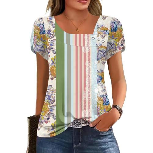 Size S Womens Petal Sleeve Tops Summer Trendy T Shirt Casual Loose Square Neck Button Blouse Tees