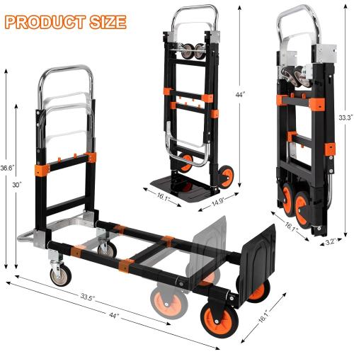 3 in 1 Folding Hand Truck Dolly, 660lb Capacity Convertible Hand Truck Dolly Cart Heavy Duty Foldable Trolley with Rubber Wheels & Retractable Handle, Collapsible Platform Truck for Moving Heavy Items