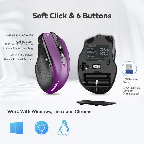 TECKNET Wireless Mouse, 2.4G Ergonomic Optical Mouse, Computer Mouse for Laptop, PC, Computer, Chromebook, Notebook, 6 Buttons, 24 Months Battery Life, 2600 DPI, 5 Adjustment Levels - Purple