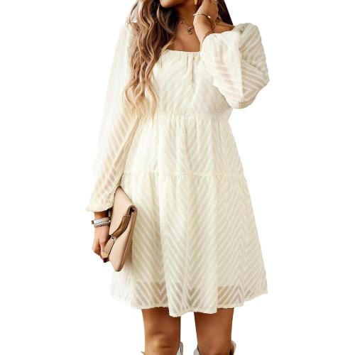 Size Small BestWendding Women's Casual Long Sleeve Mini Dress 2025 Summer Fall Square Neck Ruffle Tiered Flowy Loose Babydoll Dress