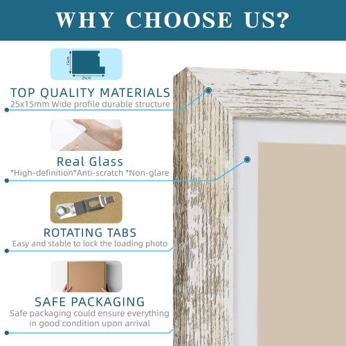 8x10 Picture Frame Set of 3 Made of Real Glass and Distressed White Wooden Frame, 8 by 10 Photo for Wall or Tabletop - Display Picture 5x7 with Mat or 8x10 Without Mat