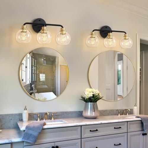 3 Light Bathroom Vanity Light, Black and Gold Bathroom Light Fixtures with Clear Glass Shade Modern Wall Sconces Lighting Bath Wall Lights Lamp for Mirror Kitchen Living Room Bedroom Hallway Cabinet