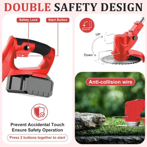 21V Electric Weed Wacker Cordless Weed Wacker Eater Lightweight Grass Trimmer with 4 Types Blade & Fast Charger & 2x2000mAh Batteries Brush Cutter for Garden Lawn Yard Red