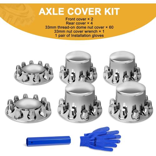 33mm Axle Cover Chrome Dome Combo Kit Thread-On Lug Nut Covers with 2 Front and 4 Rear Axle Wheel Covers Removable Hub Caps for Semi Truck (Installation Tool Included)