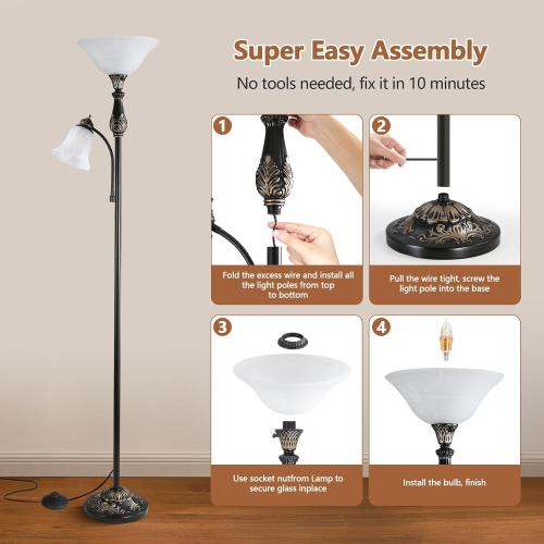 Torchiere Floor Lamps for Living Room & Bedroom, 71 Vintage Victorian Floor lamp with Reading Light, Tall Corner Standing Farmhouse Lamp for with Glass Shade Home Office Decor, Black