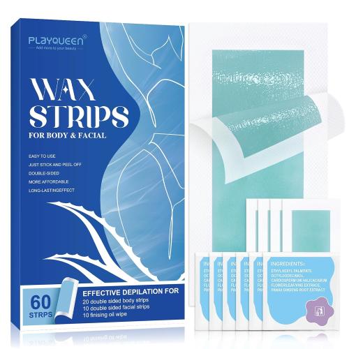 Wax Strips Hair Removal Kit, Suitable for Sensitive Skin, 60 Count | 40 body and 20 facial cold wax strips with aloe vera plus 10 oil wipes; ready to use with no wax warmer needed‼️missing some‼️