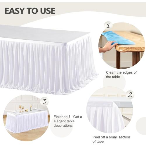 Wish Care 9ft Long White Table Skirt for Rectangle Tables Decorations - Wrinkle Resistant Polyester Pleated Table Skirting Desk Skirt for Office Baby Shower Birthday Party Wedding Banquet