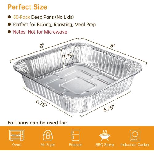 Aluminum Pans 8x8-50 Pack Disposable Baking Pans, 8 Inch Square Tin Foil Pans, Aluminum Roasting Trays for Holiday Cooking, Heating and Baking, Christmas, Parties Meal Prep & Storage