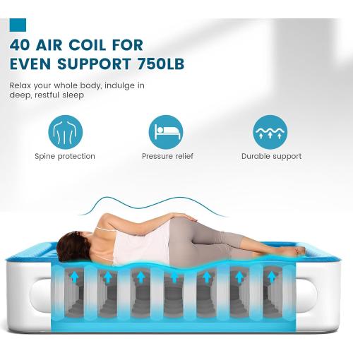 Luxury Air Mattress Queen with Built in Pump, 18'' High Double Blow Up Mattress, Self Inflating Air Bed with Flocked Top and Carry Bag, Durable Portable Airbed for Home Guest and Camping, Blue