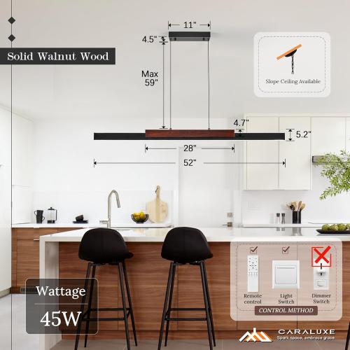 Modern LED Linear Pendant Lights 52 inch LED Chandelier Lighting for Home Office Black and Wood Dining Room Hanging Light Fixture Modern Dimmable Kitchen Island Lighting