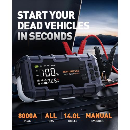Portable 10-in-1 Car Battery Jump Starter with Air Compressor 8000A 160PSI 45W Charger, Jump Starter Jump Box (All Gas 14L Diesel), Car Battery Jumper Starter Portable Jumper Cables, Gloves, Lights
