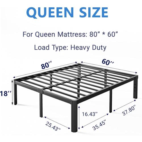 18 Inch High Platform Queen Bed Frame No Box Spring Needed, Metal Bed Frame Queen Size, Noise Free, Easy Assembly, Heavy Duty, Black