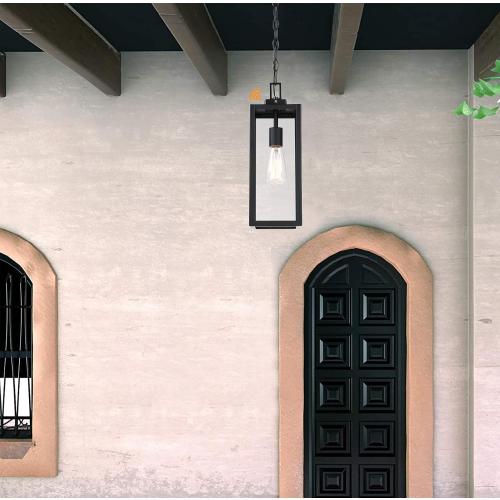17 Inch Outdoor Pendant Light Dusk to Dawn, Sensor Hanging Light for Porch Entrance Lantern, Metal and Glass Photocell Exterior Hanging Lantern for Front Door Patio Pendant,E26