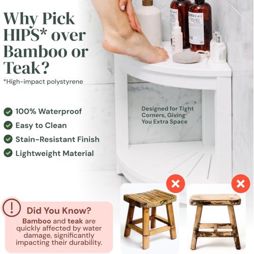 Waterproof Corner Shower Stool - White Waterproof Shower Bench for Shaving Legs & to Sit On - Easily Assembled Corner Bench & Shelf - Restroom Organizer - Restroom Home Decor