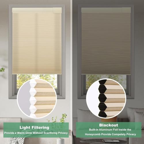 Tonature No Drill Cellular Shades for Indoor Windows, Thermal Insulating & Noise Reducing Honeycomb Blinds, Free Stop Cordless Blackout Shades, Beige, 34 W x 64 H