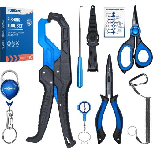 HOOK-EZE 7pc Fishing Gear Kit, Fishing Pliers, Knot Tying Tool, Fish Gripper, Braided Line Scissors, Hook Remover, Retractor, Lanyard, Fishing Accessories Tackle Stuff Equipment, Fishing Gifts for Men