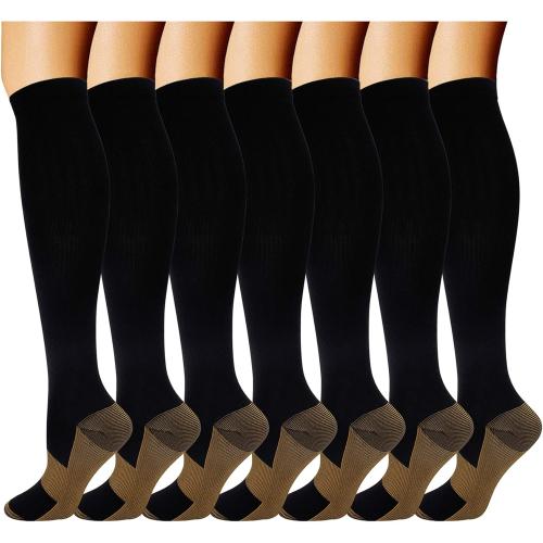 Double Couple 7 Pairs Copper Compression Socks for Men Women 20-30 mmHg Knee High Stockings