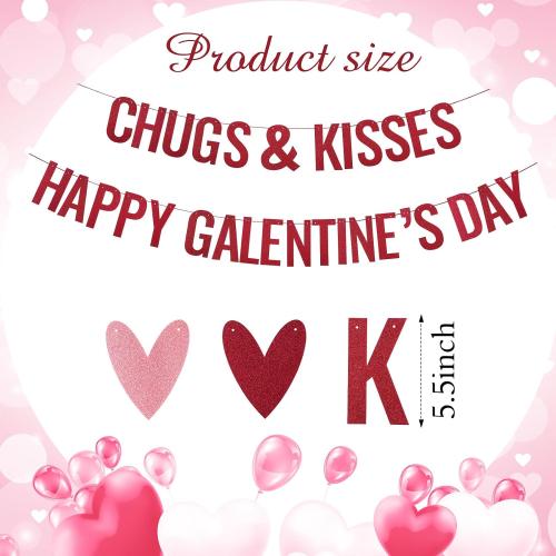 Epakh Happy Galentines Day Banner Chugs and Kisses Banner with Red Pink Glittery Heart Garland Romantic Galentines Day Party Decorations Hug Kiss Love Anniversary Valentines Party Supplies