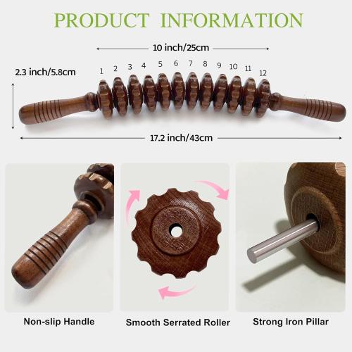 Wooden Curved Handheld Roller Stick Massager - 12 Rollers Wood Therapy Tool for Trigger Point, Fascia & Cellulite Reduction, Lymphatic Drainage, Muscle Tension Relief & Body Shaping (Brown)