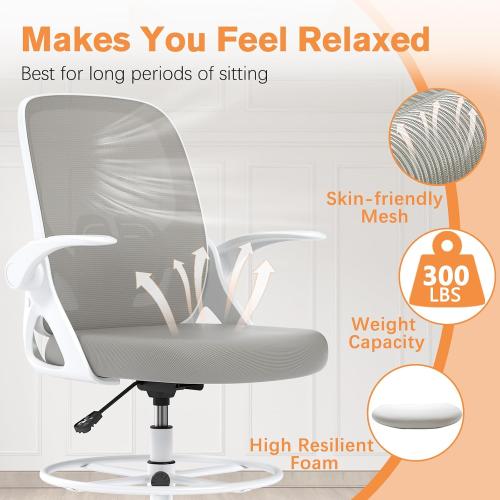 WHITE Tall Drafting Chair with Lumbar Support and Footrest Ring, Supportive Tall Extended Height Ergonomic Desk Chair for Home Work, Breathable Mesh Office Chair with Flip up Arms(Gray)