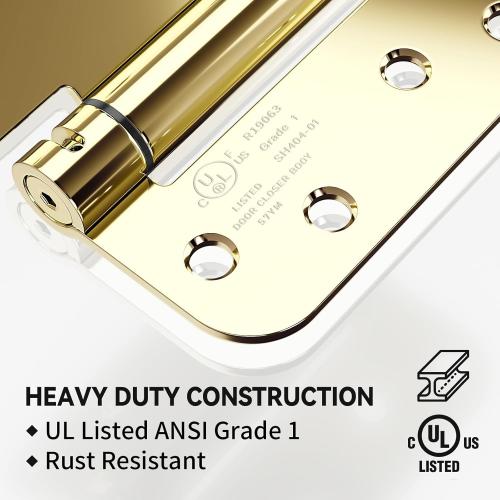 2 Pack Self Closing Door Hinges, 4 Inch Spring Loaded Door Hinges for Garage, Front, Back Door, Left/Right Hand, Adjustable Tension, 5/8'' Radius Corners, UL Listed, Gloden