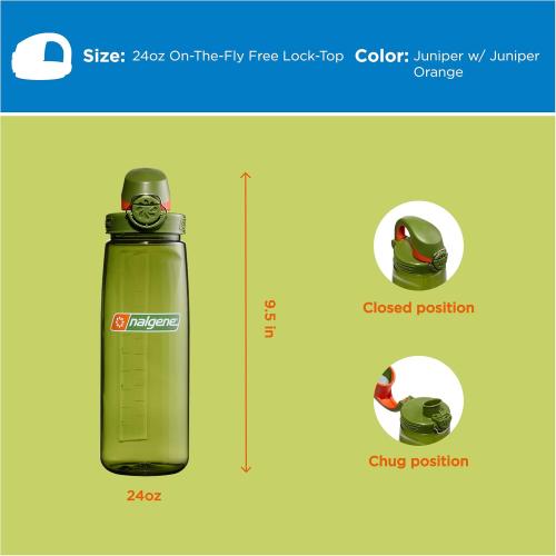 Nalgene 24 oz On The Fly Lock-Top Water Bottle, Juniper w/Juniper Orange | Easy Chug Cap with Locking Lid, Cup Holder Size, BPA-Free, Durable & Leak Proof, Slim Travel Bottle for School & Sports