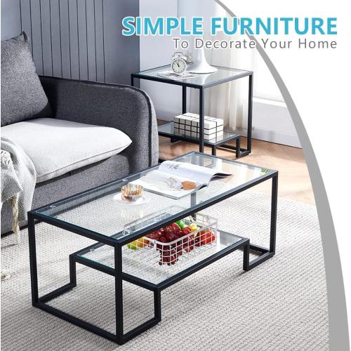 Black Metal Glass Coffee Table - Simple Center Coffee Table for Living Room Home, Metal Frame Coffee Table with 2 Shelves,Modern Table for Bedroom, Dinning Room,Office Décor