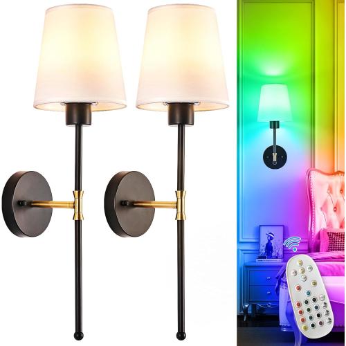 Depuley Battery Operated Wall Sconce: Set of 2 Wireless Wall Lights with Remote for Bedroom - Rechargeable 15 Colors Black and Gold Wall Lamp for Living Room Hallway