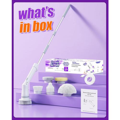 Electric Spin Scrubber, Cordless Shower Scrubber Rotary Floor Brushes & Pad Drivers with 6 Brush Heads - 2H Dual Speed, IPX7 Waterproof Extension Handle for Bathroom Tile Car Cleaning (White)