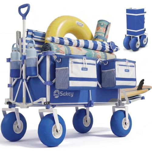 Sekey Heavy Duty Beach Wagon with 9 Big Sand-Proof Wheels, 300L Oversized Foldable Beach Cart with Cooler| Adjustable Handle & Balloon Tires for Sand, Camping,Vacation