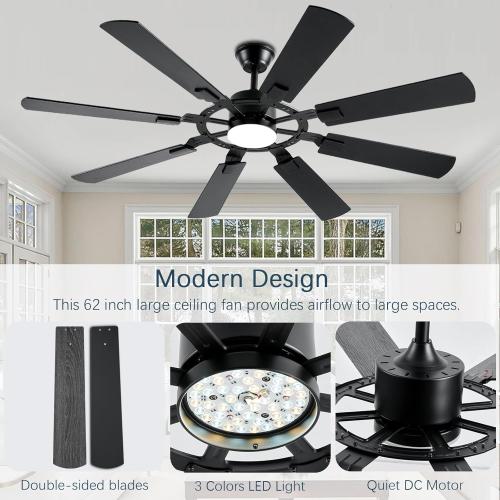 62 Inch Ceiling Fans with Lights, Large Low Profile Ceiling Fan with Remote Control, 8 Double Sided Blades, 6 Speed Reversible DC Motor, Silent Timing, Black Indoor Outdoor Ceiling Fan