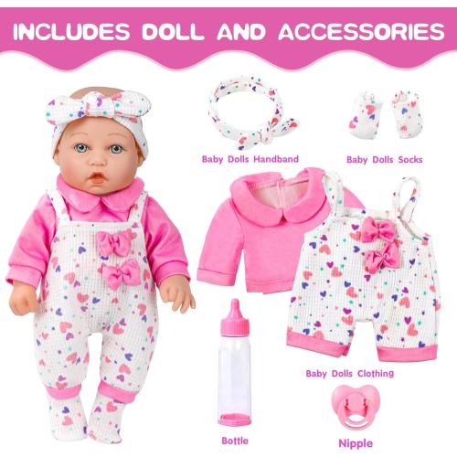 12 Baby Doll with Pink Bowknot Clothing Set,12 Inch Realistic Baby Dolls with Clothes and Accessories,Pacifier Bottle Toy Pretend Play Collection for 3  Child Girls Gifts