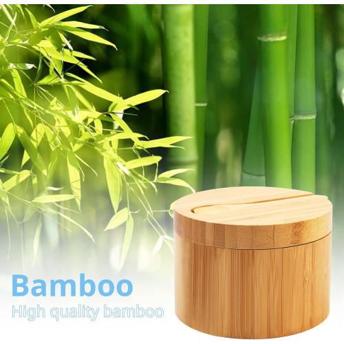 HTB Bamboo Salt Cellar with Mini Spoon, Kitchen Salt Box with Swivel Magnetic Closure Lid, Round Salt Container to Storage Pepper Spice Bath Salt Sea Salt