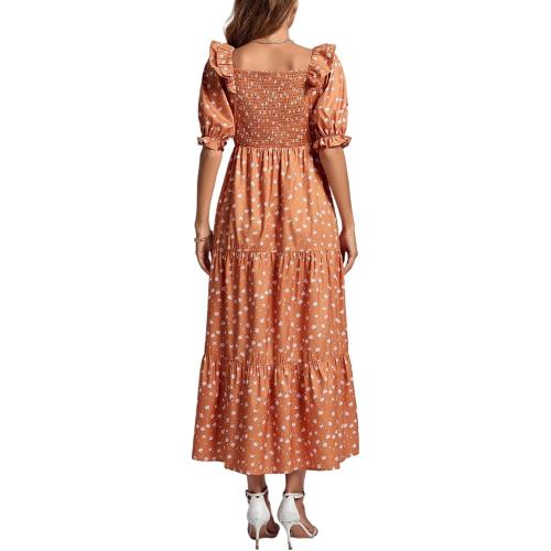 Rooscier Women's Floral Print Ruffle Shirred Swing Puff Short Sleeve Elegant Maxi Dress size medium