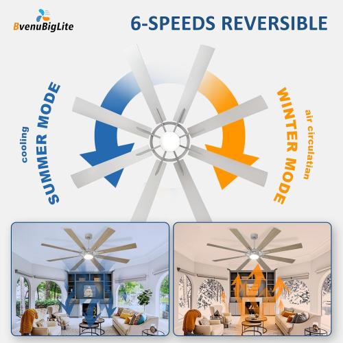 Large Ceiling Fans with Lights: Modern 72 Inch 8 Blade Outdoor Ceiling Fan with Remote APP Control - Dimmable Wood Big Fan light Indoor Reversible 6 Speed Quiet DC Motor