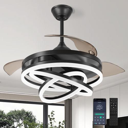 TXCSLY Retractable Ceiling Fan, 42 Inch Chandelier Ceiling Fans with Light, Modern Fandelier Ceiling Fan for Bedroom Living Room Dinning Room, Reverse Motor, 3 Color Temperature, 6 Wind Speed-Black