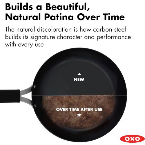 OXO Obsidian 10 Carbon Steel Frying Pan, Pre-Seasoned Skillet, Builds Natural Nonstick with Use, Induction Ready, Oven Safe, Removable Silicone Handle