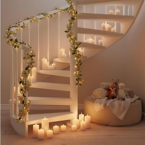Syhood 6.5ft Prelit Poinsettia Flower Garland Valentine's Day Decor Artificial Lighted Garland Battery Operated Glitter Berries Leaves for Christmas Mantle Home Indoor Outdoor Decor(Champagne,1 Pcs)