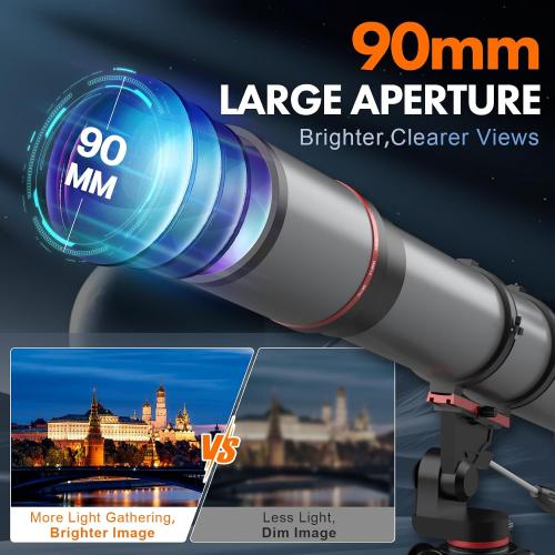 Aurosports Telescope for Adults High Powered - 90mm Aperture 800mm Portable Refractor Telescope for Adults Astronomy Beginners & Kids with Tripod Phone Adapter Carrying Bag