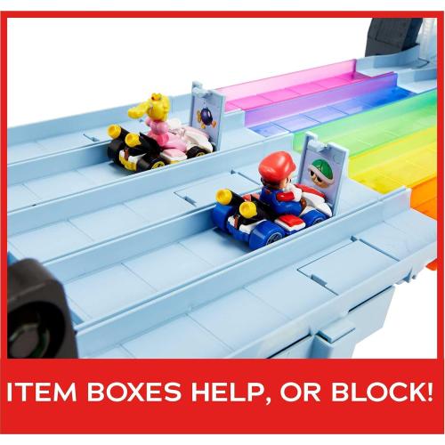 Hot Wheels Mario Kart Rainbow Road Raceway 8-Foot Track Set with Lights & Sounds & 2 1:64 Scale Vehicles, Race with 5-Track Colorful Course with 2 Configurations