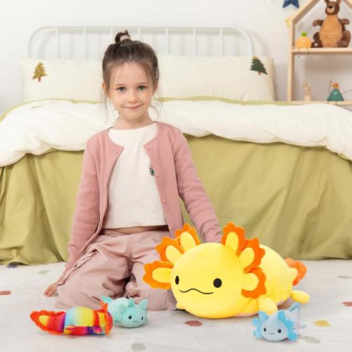 MaoGoLan 4Pcs Giant Axolotl Plush with 3 Babies Inside-23.5 Large Ultra Soft Axolotl Stuffed Animals Throw Pillow-Squishy Stuffed Axolotl Plush Collection Gift for Axolotl Lover,Kids,Teens,Yellow
